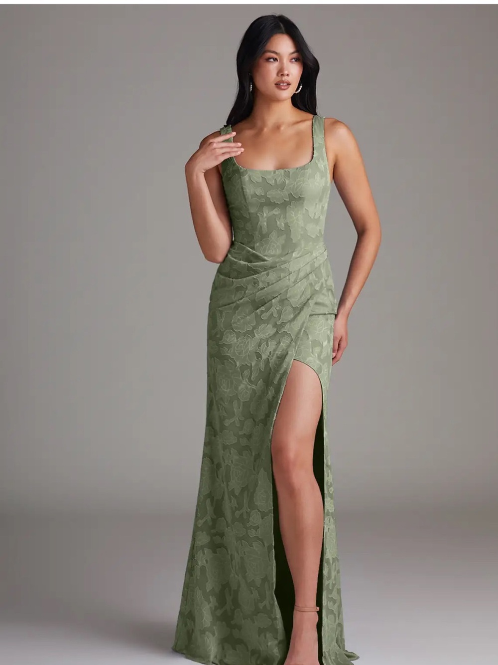 Azazie Mero Pistachio Sheath Pleated Floral Burnout Dress